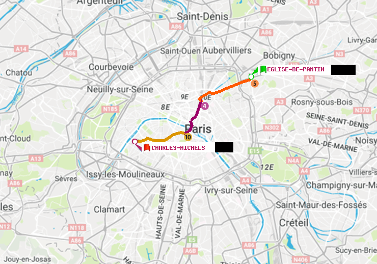 plan itinéraire ratp de Eglise de Pantin à Charles Michels