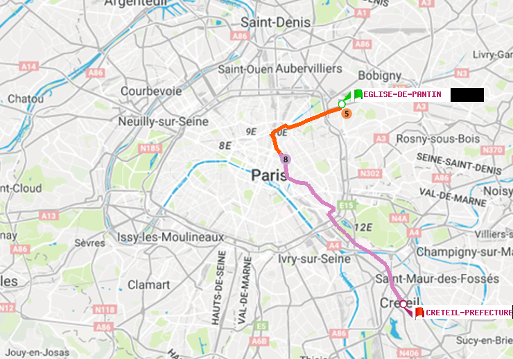 plan itinéraire ratp de Eglise de Pantin à Créteil-Préfecture (Hôtel de Ville)