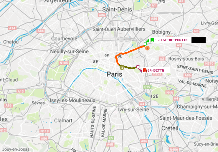 plan itinéraire ratp de Eglise de Pantin à Gambetta