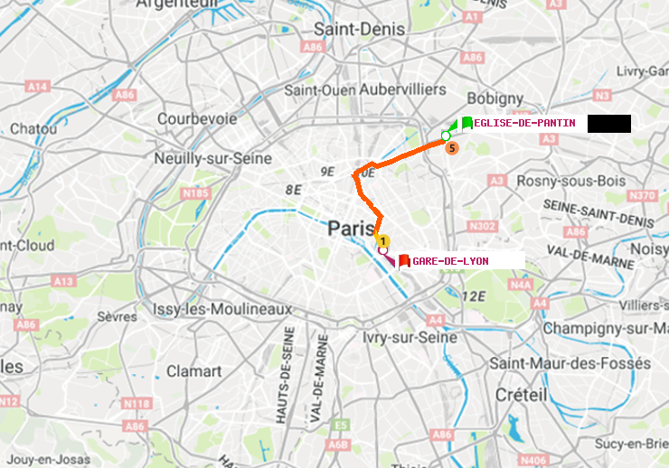 plan itinéraire ratp de Eglise de Pantin à Gare de Lyon