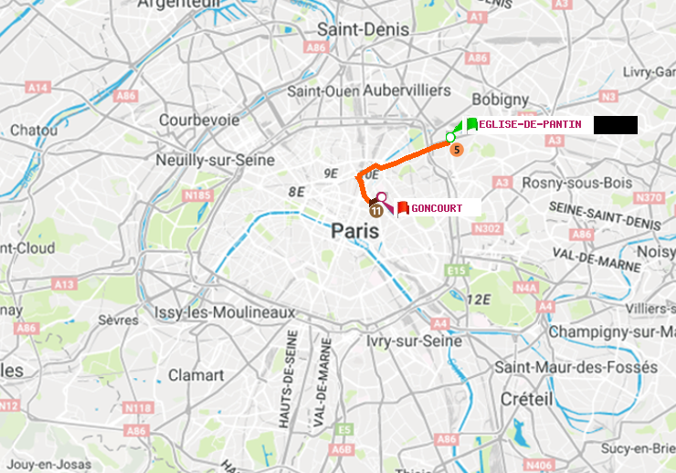 plan itinéraire ratp de Eglise de Pantin à Goncourt (Hôpital Saint-Louis)
