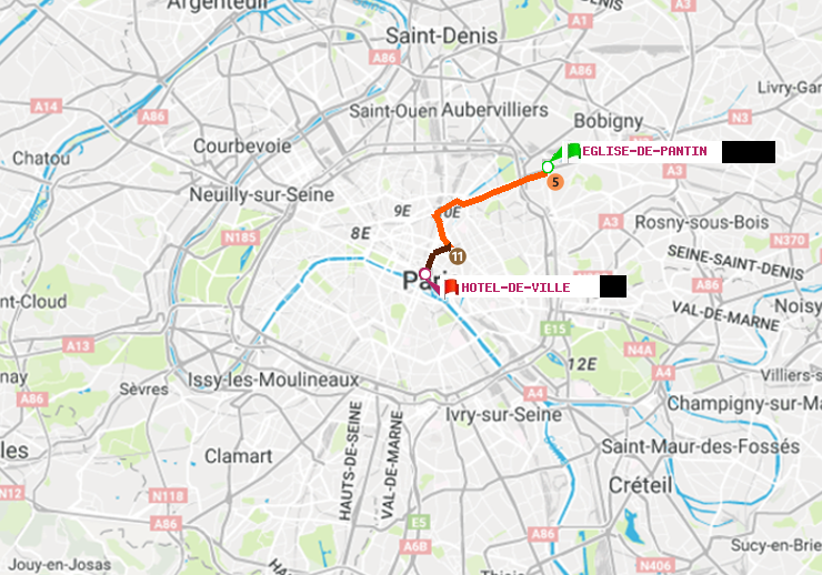 plan itinéraire ratp de Eglise de Pantin à Hôtel de Ville