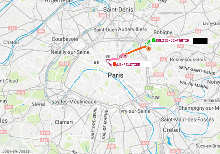 plan itinéraire ratp de Eglise de Pantin à Le Peletier