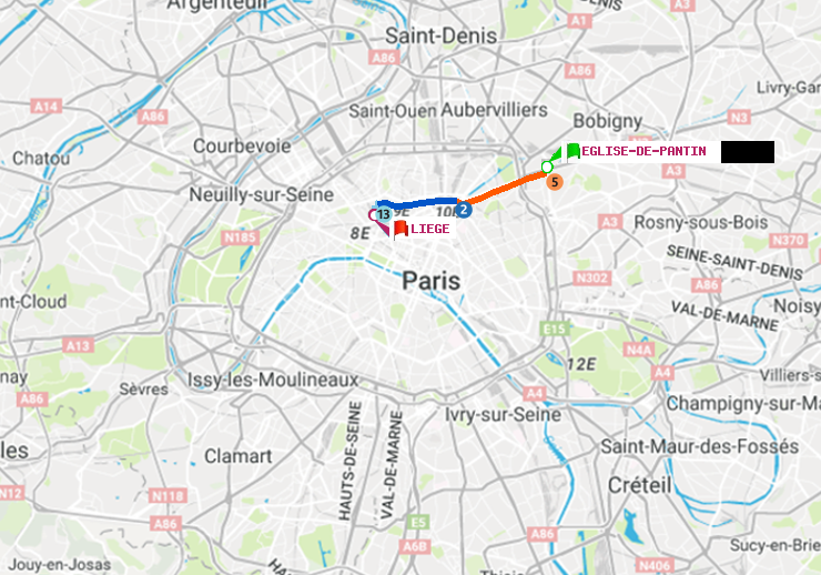 plan itinéraire ratp de Eglise de Pantin à Liège