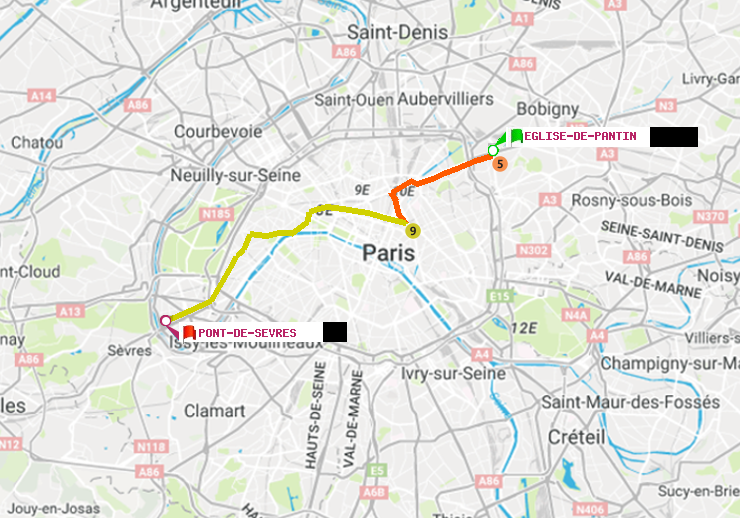 plan itinéraire ratp de Eglise de Pantin à Pont de Sèvres