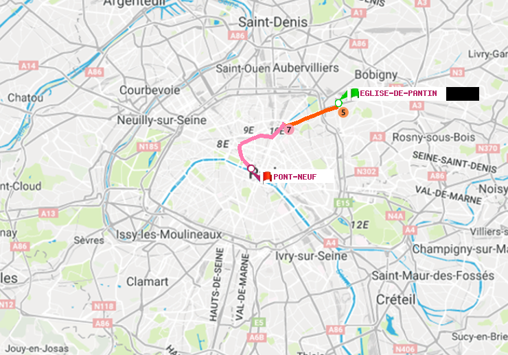 plan itinéraire ratp de Eglise de Pantin à Pont Neuf