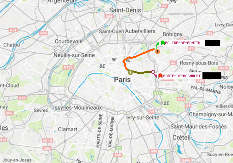 plan itinéraire ratp de Eglise de Pantin à Porte de Bagnolet