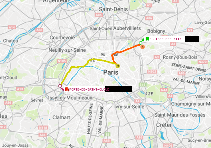 plan itinéraire ratp de Eglise de Pantin à Porte de Saint-Cloud