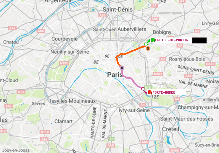 plan itinéraire ratp de Eglise de Pantin à Porte Dorée