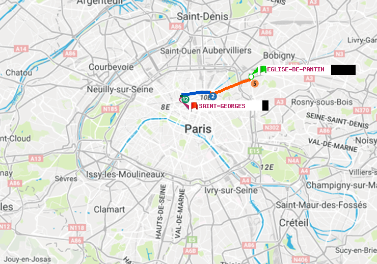 plan itinéraire ratp de Eglise de Pantin à Saint-Georges