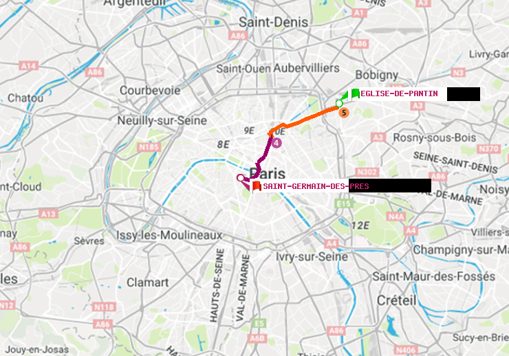 plan itinéraire ratp de Eglise de Pantin à Saint-Germain des Prés