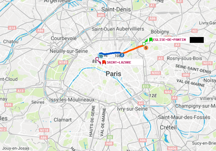 plan itinéraire ratp de Eglise de Pantin à Saint-Lazare