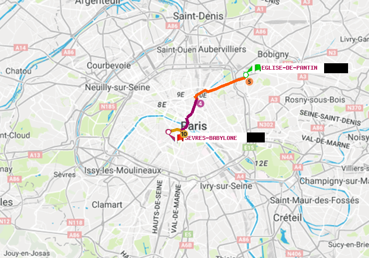 plan itinéraire ratp de Eglise de Pantin à Sèvres-Babylone