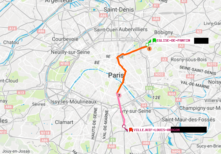 plan itinéraire ratp de Eglise de Pantin à Villejuif-Louis Aragon
