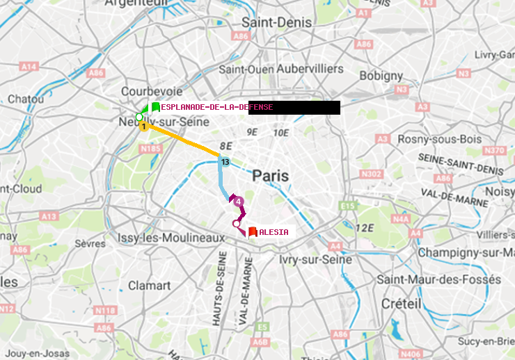 plan itinéraire ratp de Esplanade de la Défense à Alésia