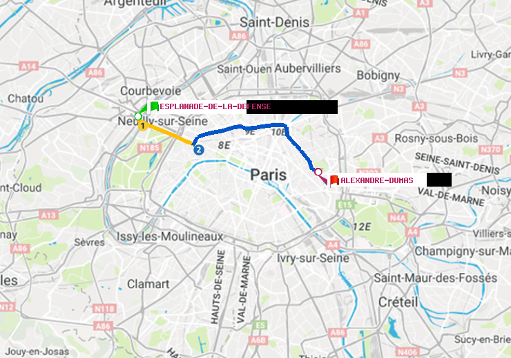 plan itinéraire ratp de Esplanade de la Défense à Alexandre-Dumas