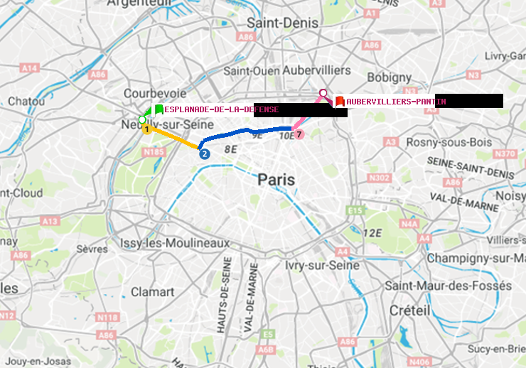 plan itinéraire ratp de Esplanade de la Défense à Aubervilliers Pantin (4 Chemins)