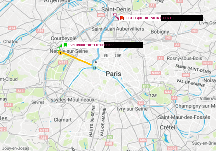 plan itinéraire ratp de Esplanade de la Défense à Basilique de Saint-Denis
