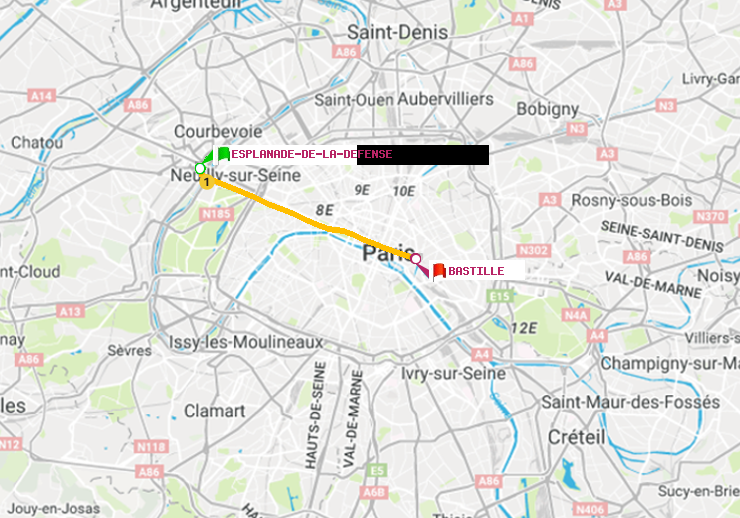 plan itinéraire ratp de Esplanade de la Défense à Bastille