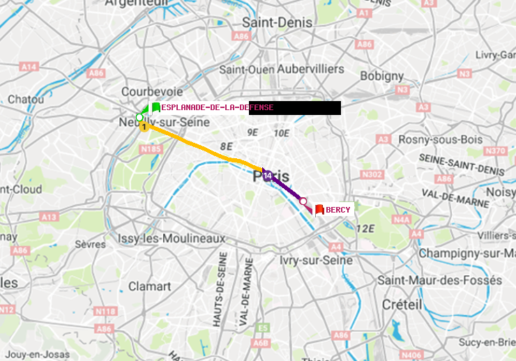 plan itinéraire ratp de Esplanade de la Défense à Bercy