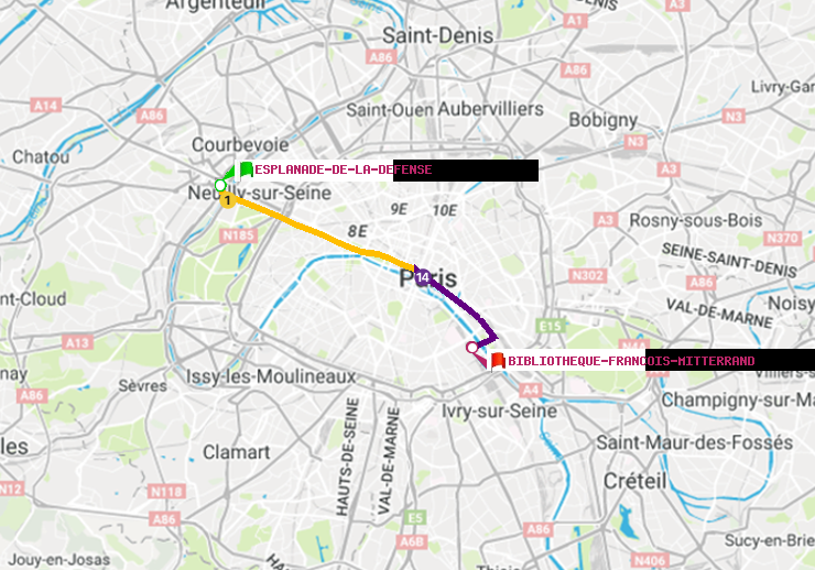 plan itinéraire ratp de Esplanade de la Défense à Bibliotheque-Francois Mitterrand