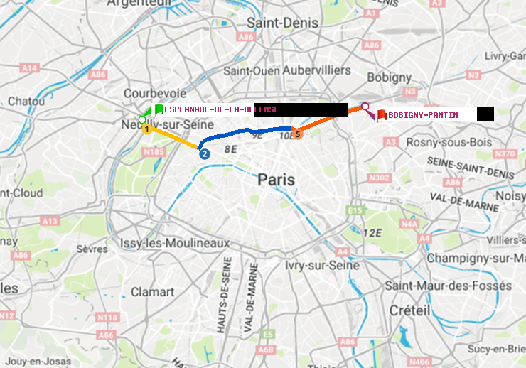 plan itinéraire ratp de Esplanade de la Défense à Bobigny-Pantin (Raymond Queneau)