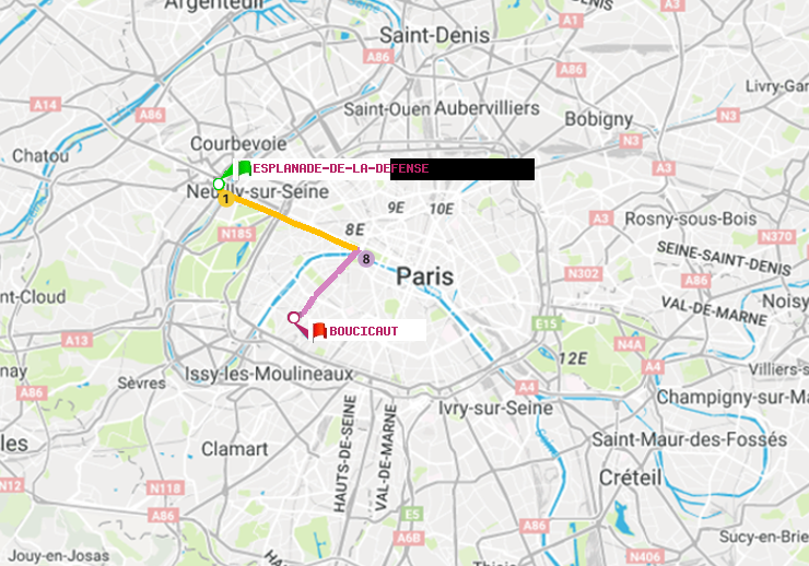 plan itinéraire ratp de Esplanade de la Défense à Boucicaut
