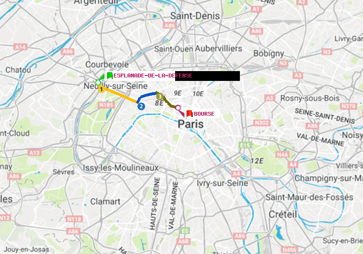 plan itinéraire ratp de Esplanade de la Défense à Bourse