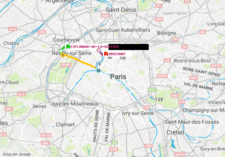 plan itinéraire ratp de Esplanade de la Défense à Brochant
