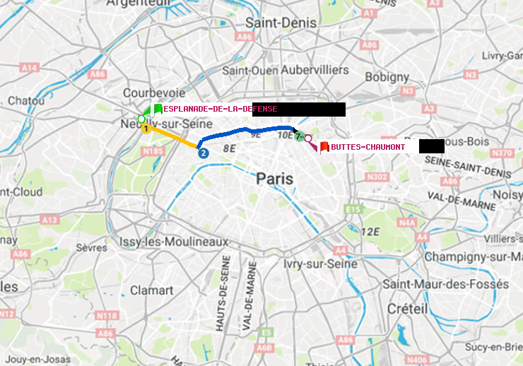 plan itinéraire ratp de Esplanade de la Défense à Buttes-Chaumont