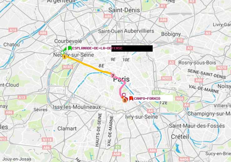 plan itinéraire ratp de Esplanade de la Défense à Campo-Formio