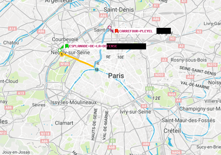 plan itinéraire ratp de Esplanade de la Défense à Carrefour-Pleyel