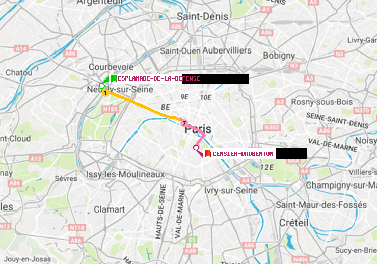 plan itinéraire ratp de Esplanade de la Défense à Censier-Daubenton