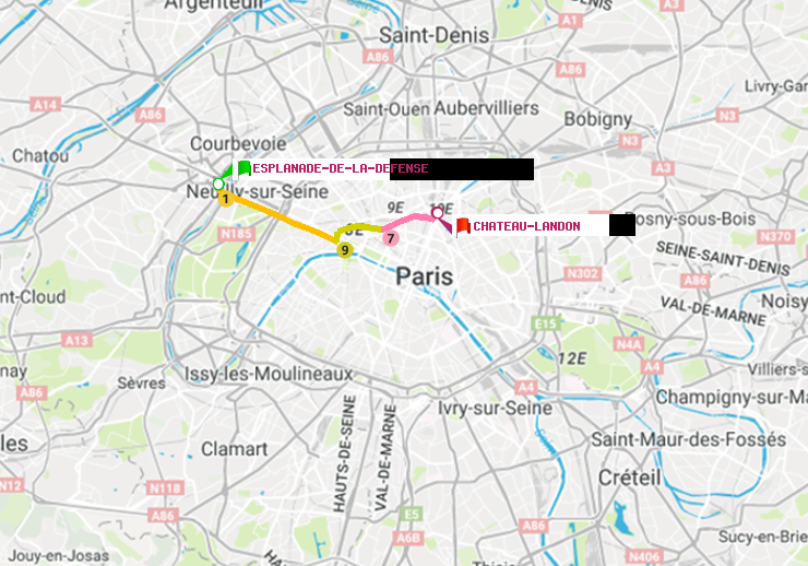 plan itinéraire ratp de Esplanade de la Défense à Château Landon