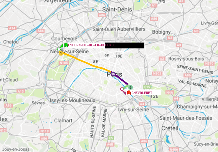 plan itinéraire ratp de Esplanade de la Défense à Chevaleret