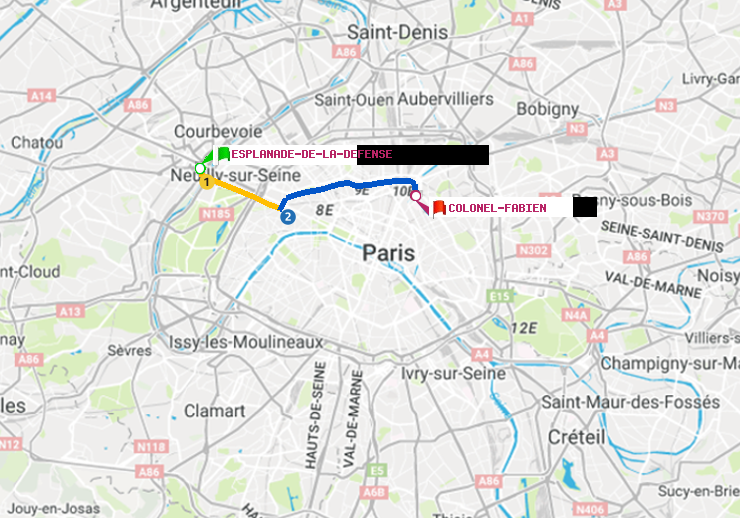 plan itinéraire ratp de Esplanade de la Défense à Colonel Fabien
