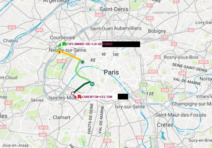 plan itinéraire ratp de Esplanade de la Défense à Corentin-Celton