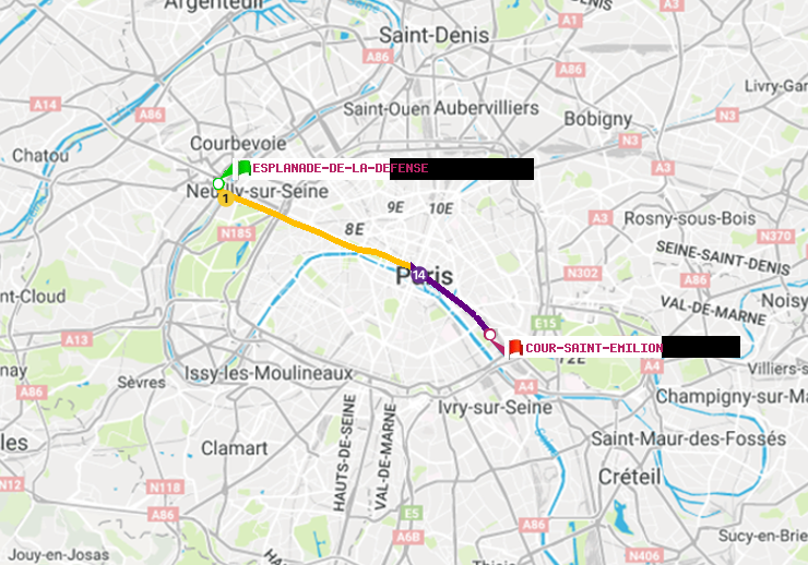 plan itinéraire ratp de Esplanade de la Défense à Cour Saint-Emilion