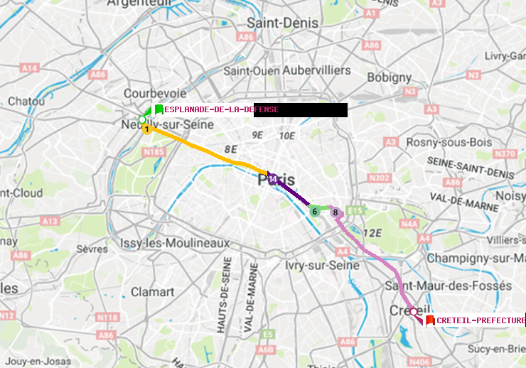 plan itinéraire ratp de Esplanade de la Défense à Créteil-Préfecture (Hôtel de Ville)
