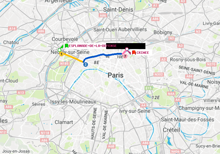 plan itinéraire ratp de Esplanade de la Défense à Crimée