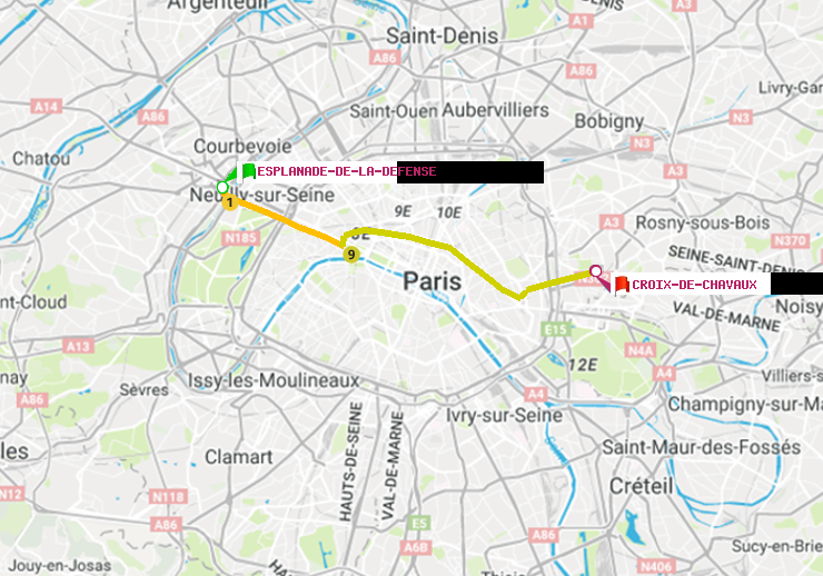 plan itinéraire ratp de Esplanade de la Défense à Croix-de-Chavaux (Jacques Duclos)
