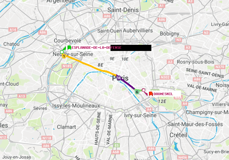 plan itinéraire ratp de Esplanade de la Défense à Daumesnil (Félix Eboué)