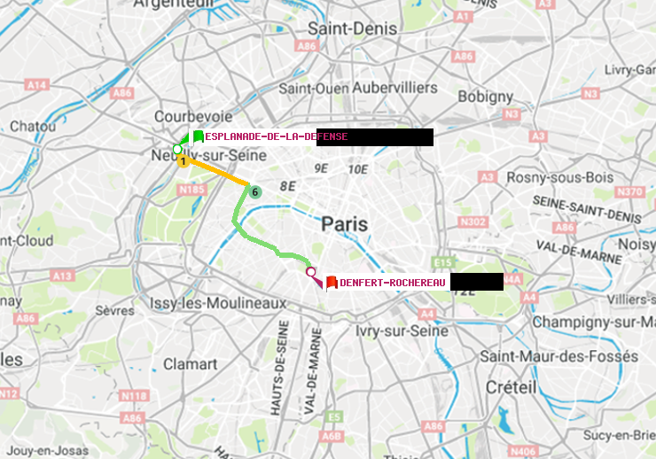 plan itinéraire ratp de Esplanade de la Défense à Denfert-Rochereau