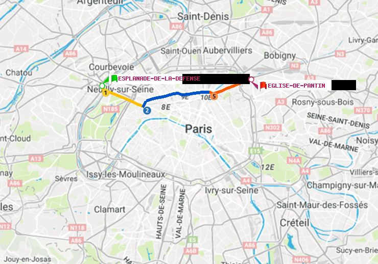 plan itinéraire ratp de Esplanade de la Défense à Eglise de Pantin