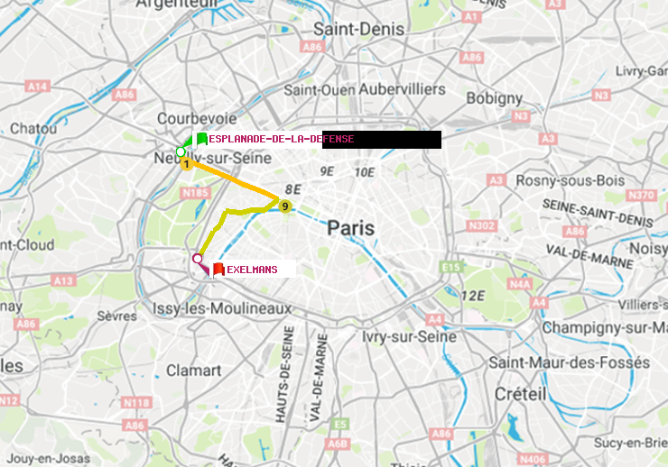 plan itinéraire ratp de Esplanade de la Défense à Exelmans