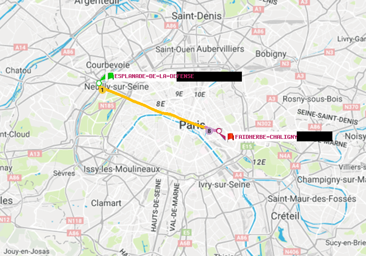 plan itinéraire ratp de Esplanade de la Défense à Faidherbe-Chaligny