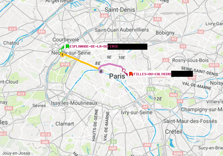 plan itinéraire ratp de Esplanade de la Défense à Filles du Calvaire