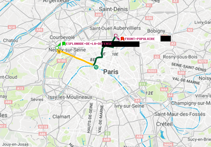 plan itinéraire ratp de Esplanade de la Défense à Front Populaire
