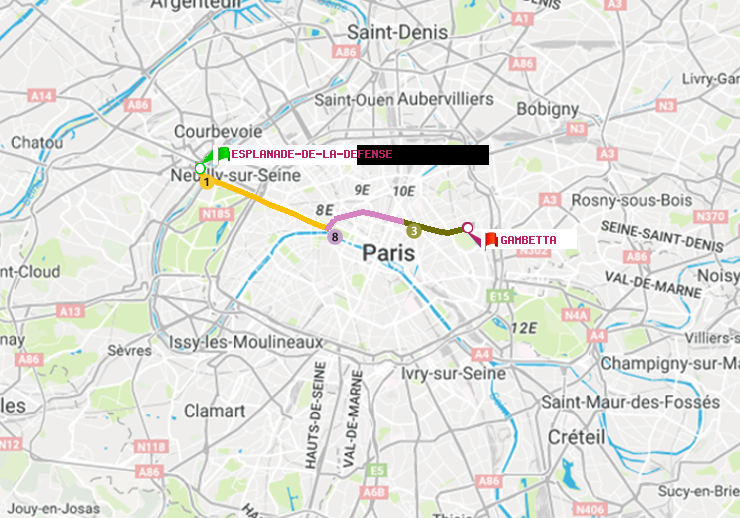 plan itinéraire ratp de Esplanade de la Défense à Gambetta