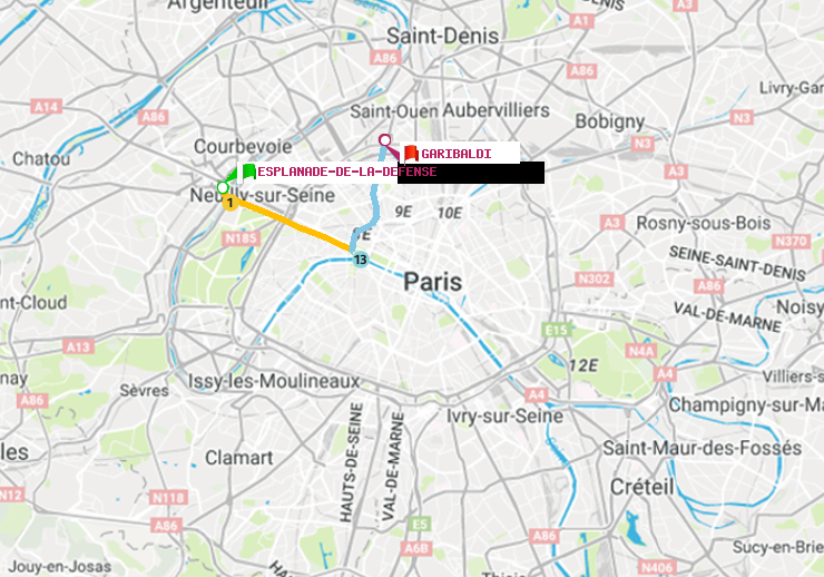 plan itinéraire ratp de Esplanade de la Défense à Garibaldi